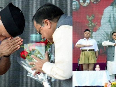 RSS Chief Mohan Bhagwat with chief guest ex DRDO chief Dr V K Saraswat and others during Vijaya Dashmi function at RSS headquarter in Nagpur