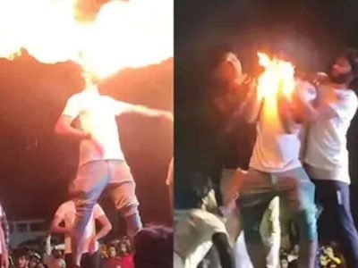 Viral Video | तोंडात पेट्रोल घेउन आगीसोबत खेळ, फुंकर मारताच चेहऱ्यावरील दाढीने पेट घेतला आणि घडलं असं,  व्हिडिओ व्हायरल