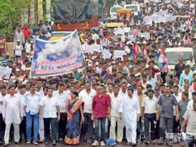 Huge march against nanar refinery project organised by maharashtra swabhiman partys under leadership of MLA Nitesh Rane